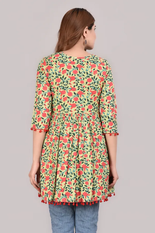 Parrot_Green_Floral_Printed_Tie-Up_Neck_A-Line_Longline_Top_For_Women
