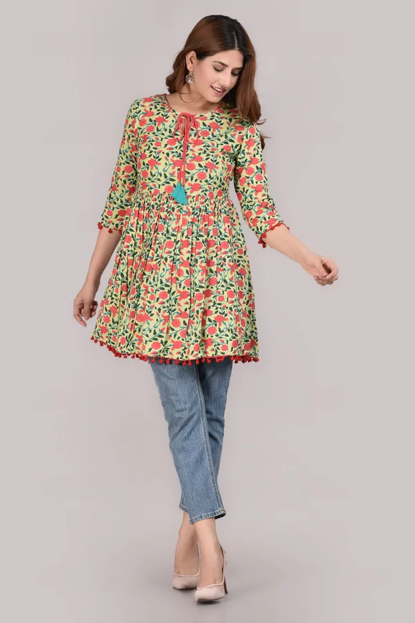 Parrot_Green_Floral_Printed_Tie-Up_Neck_A-Line_Longline_Top_For_Women