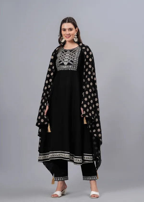 Black_Floral_Embroidered_Regular_Sequinned_Anarkali_Kurta_With_Palazzos_&_Dupatta_For_Women
