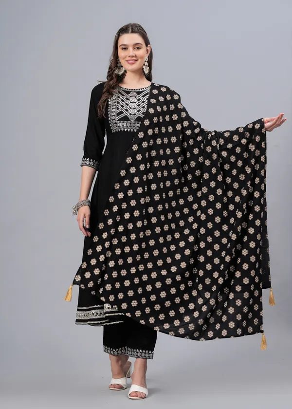 Black_Floral_Embroidered_Regular_Sequinned_Anarkali_Kurta_With_Palazzos_&_Dupatta_For_Women