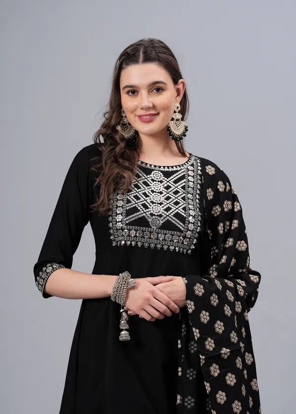 Black_Floral_Embroidered_Regular_Sequinned_Anarkali_Kurta_With_Palazzos_&_Dupatta_For_Women