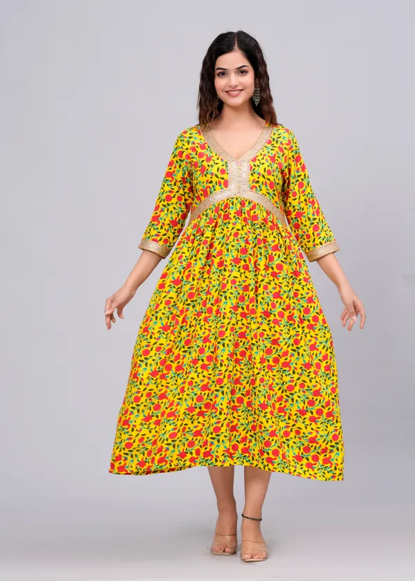 Yellow_Floral_Printed_V-Neck_Sequinned_Empire_Midi_Ethnic_Dress_For_Women