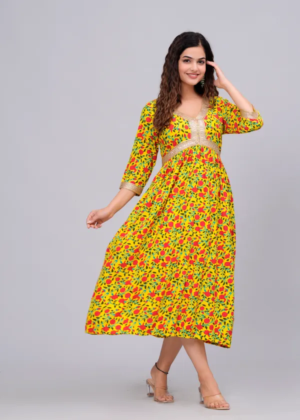 Yellow_Floral_Printed_V-Neck_Sequinned_Empire_Midi_Ethnic_Dress_For_Women