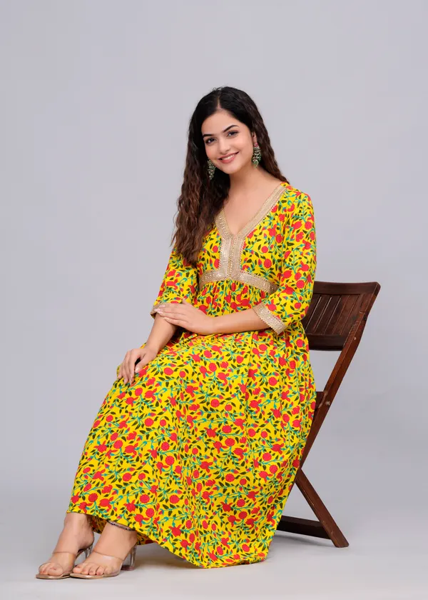 Yellow_Floral_Printed_V-Neck_Sequinned_Empire_Midi_Ethnic_Dress_For_Women