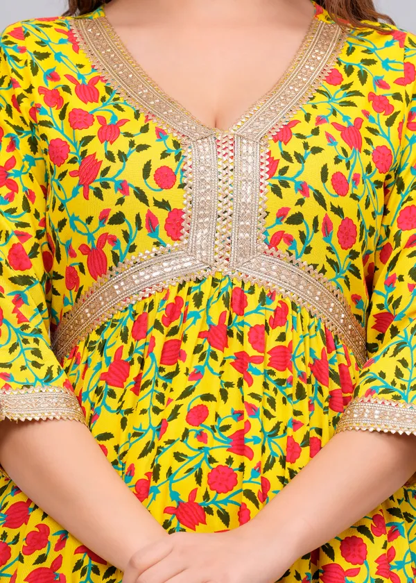 Yellow_Floral_Printed_V-Neck_Sequinned_Empire_Midi_Ethnic_Dress_For_Women
