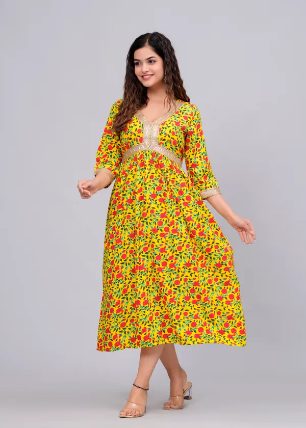 Yellow_Floral_Printed_V-Neck_Sequinned_Empire_Midi_Ethnic_Dress_For_Women