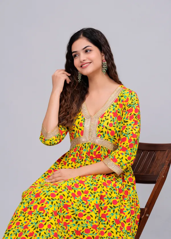 Yellow_Floral_Printed_V-Neck_Sequinned_Empire_Midi_Ethnic_Dress_For_Women
