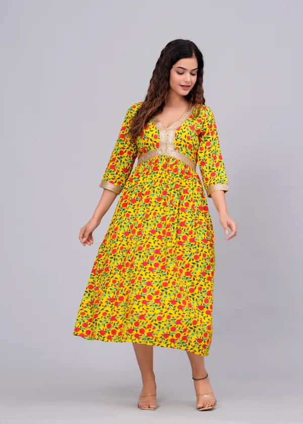 Yellow_Floral_Printed_V-Neck_Sequinned_Empire_Midi_Ethnic_Dress_For_Women