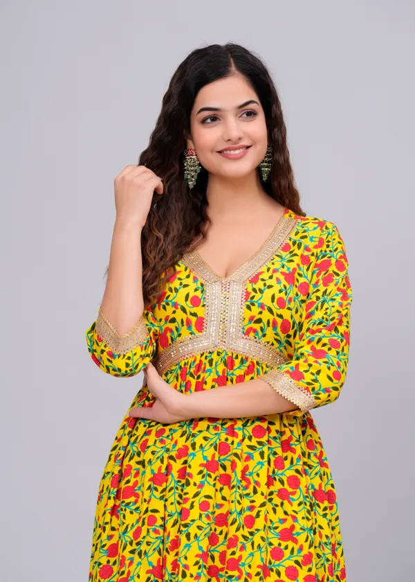Yellow_Floral_Printed_V-Neck_Sequinned_Empire_Midi_Ethnic_Dress_For_Women