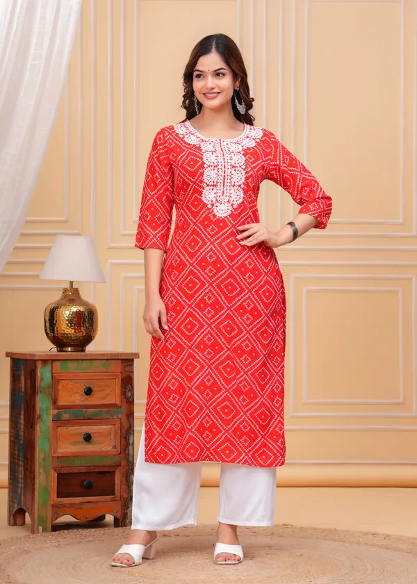 Red_Bandhani_Printed_Embroidered_Mirror_Work_Straight_Kurta_With_Palazzo_For_Women