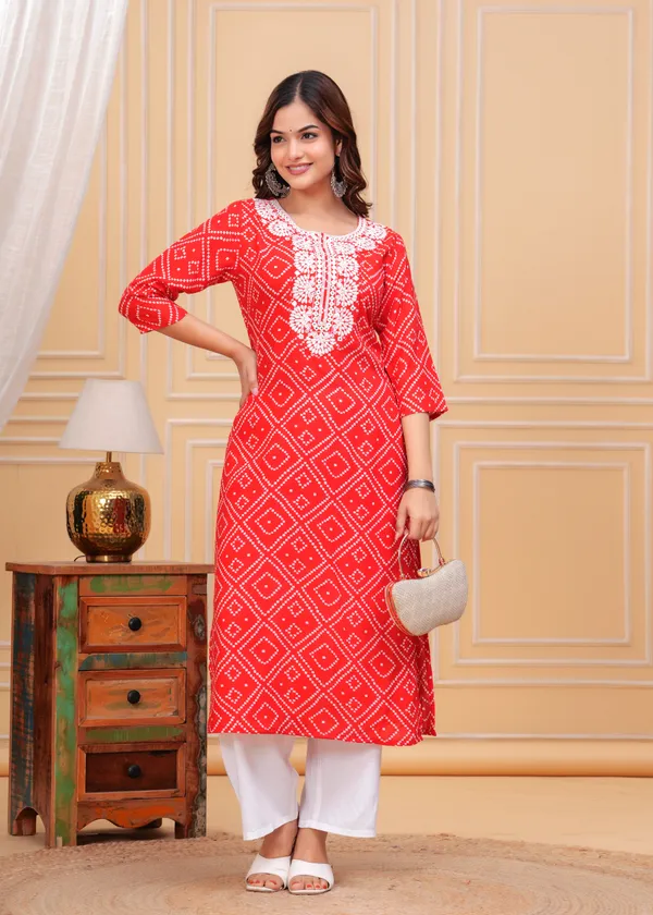 Red_Bandhani_Printed_Embroidered_Mirror_Work_Straight_Kurta_With_Palazzo_For_Women