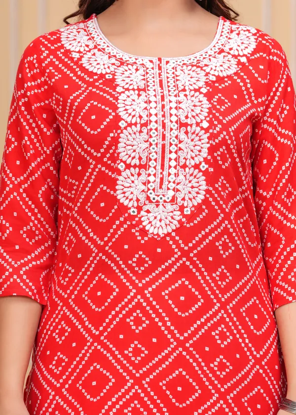 Red_Bandhani_Printed_Embroidered_Mirror_Work_Straight_Kurta_With_Palazzo_For_Women