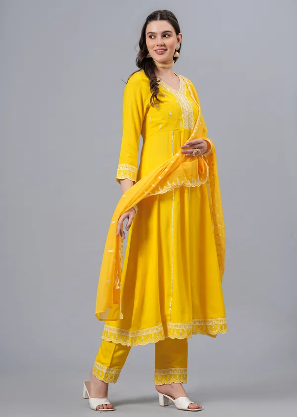 Yellow_Floral_Embroidered_Regular_Sequinned_Anarkali_Kurta_With_Palazzos_&_Dupatta_For_Women