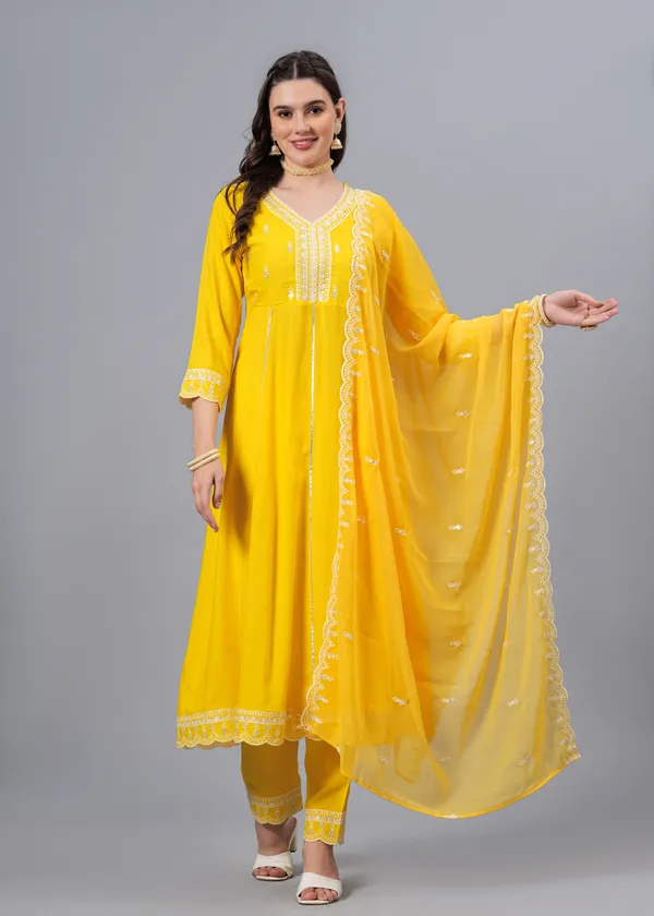 Yellow_Floral_Embroidered_Regular_Sequinned_Anarkali_Kurta_With_Palazzos_&_Dupatta_For_Women