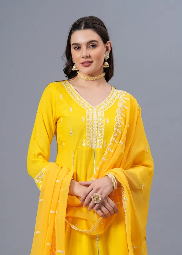 Yellow_Floral_Embroidered_Regular_Sequinned_Anarkali_Kurta_With_Palazzos_&_Dupatta_For_Women