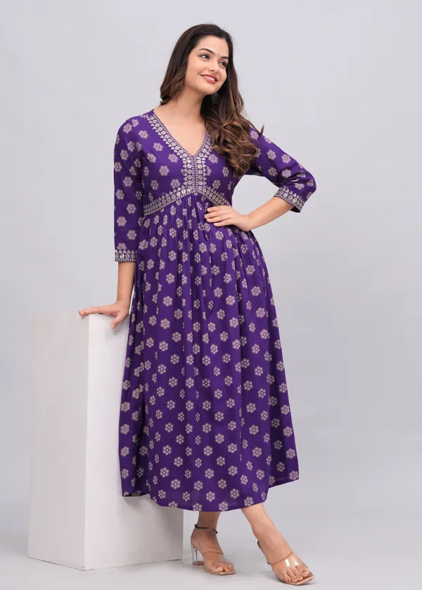 Purple_Floral_Printed_V-Neck_Sequinned_Empire_Midi_Ethnic_Dress_For_Women