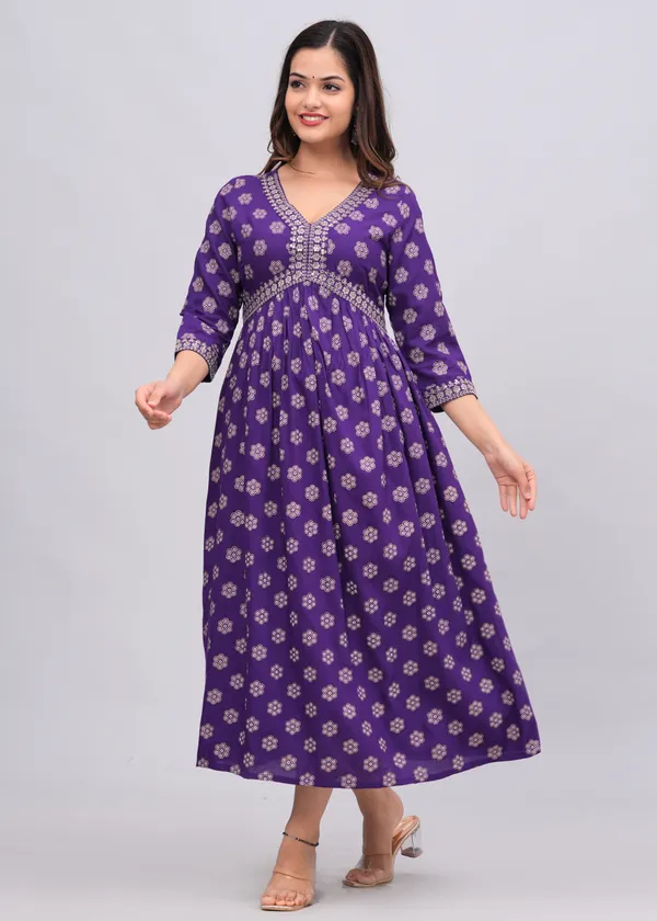 Purple_Floral_Printed_V-Neck_Sequinned_Empire_Midi_Ethnic_Dress_For_Women