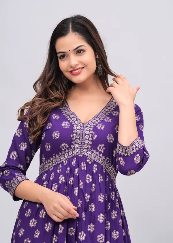 Purple_Floral_Printed_V-Neck_Sequinned_Empire_Midi_Ethnic_Dress_For_Women