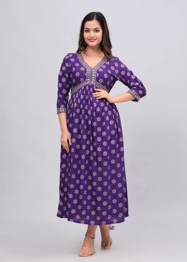 Purple_Floral_Printed_V-Neck_Sequinned_Empire_Midi_Ethnic_Dress_For_Women