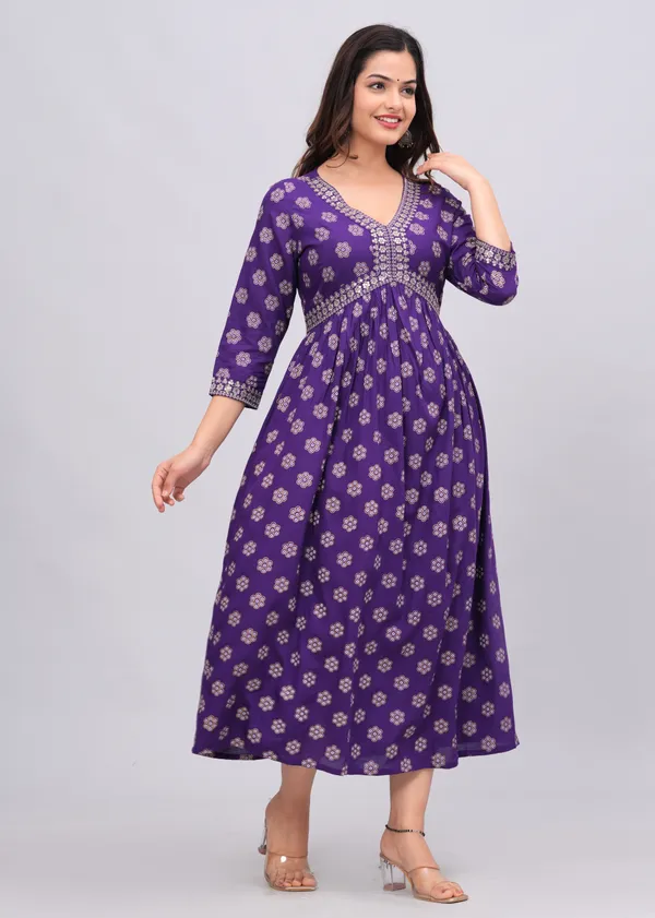 Purple_Floral_Printed_V-Neck_Sequinned_Empire_Midi_Ethnic_Dress_For_Women