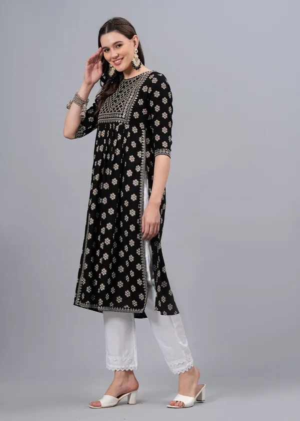 Black_Ethnic_Motifs_Printed_Mirror_Work_Floral_Kurta_For_Women