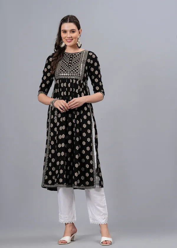 Black_Ethnic_Motifs_Printed_Mirror_Work_Floral_Kurta_For_Women