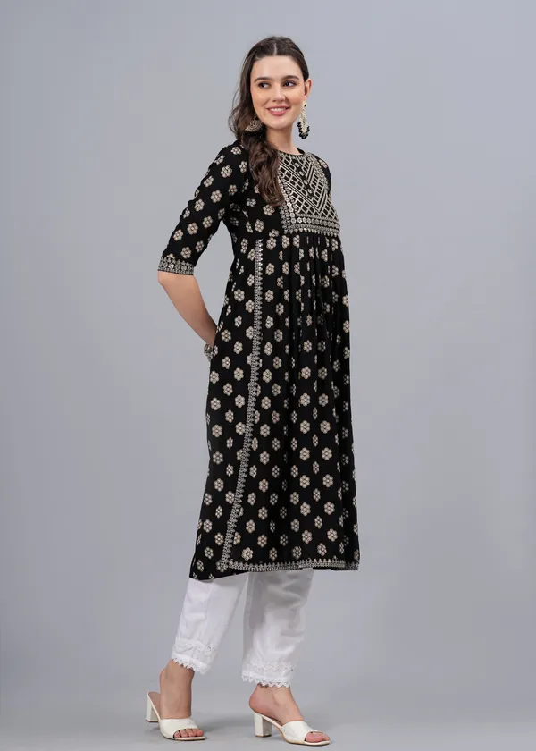 Black_Ethnic_Motifs_Printed_Mirror_Work_Floral_Kurta_For_Women