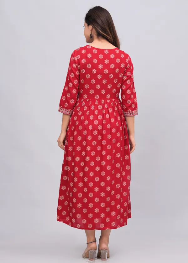 Red_Floral_Printed_V-Neck_Sequinned_Empire_Midi_Ethnic_Dress_For_Women