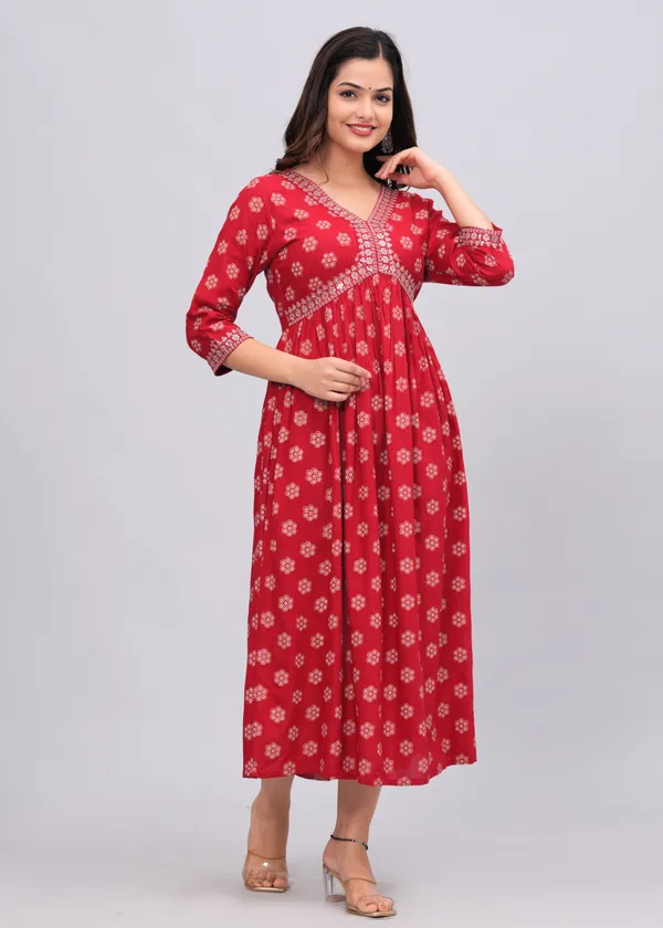 Red_Floral_Printed_V-Neck_Sequinned_Empire_Midi_Ethnic_Dress_For_Women