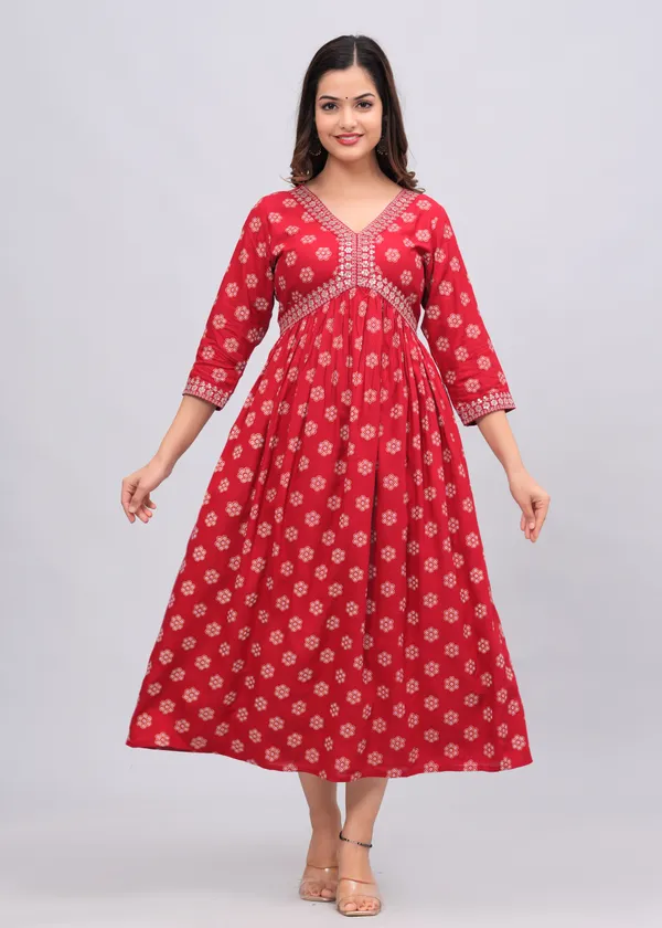 Red_Floral_Printed_V-Neck_Sequinned_Empire_Midi_Ethnic_Dress_For_Women