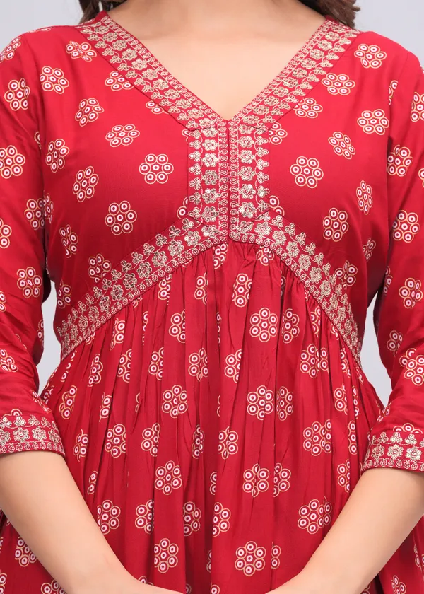Red_Floral_Printed_V-Neck_Sequinned_Empire_Midi_Ethnic_Dress_For_Women