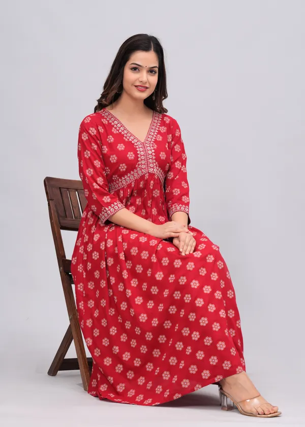 Red_Floral_Printed_V-Neck_Sequinned_Empire_Midi_Ethnic_Dress_For_Women
