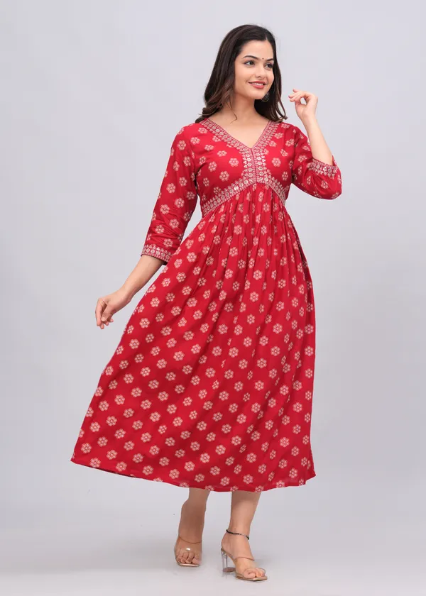 Red_Floral_Printed_V-Neck_Sequinned_Empire_Midi_Ethnic_Dress_For_Women