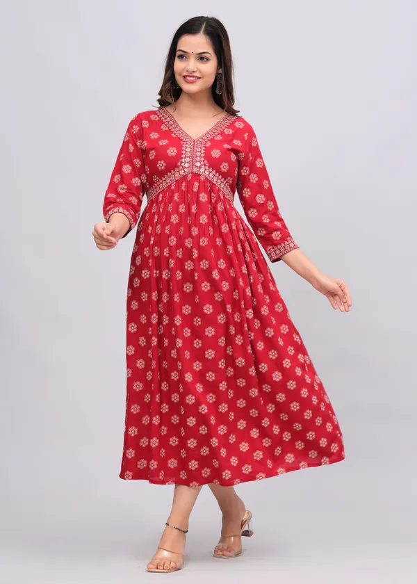 Red_Floral_Printed_V-Neck_Sequinned_Empire_Midi_Ethnic_Dress_For_Women