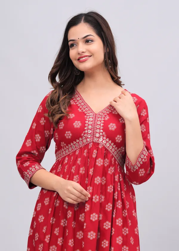 Red_Floral_Printed_V-Neck_Sequinned_Empire_Midi_Ethnic_Dress_For_Women