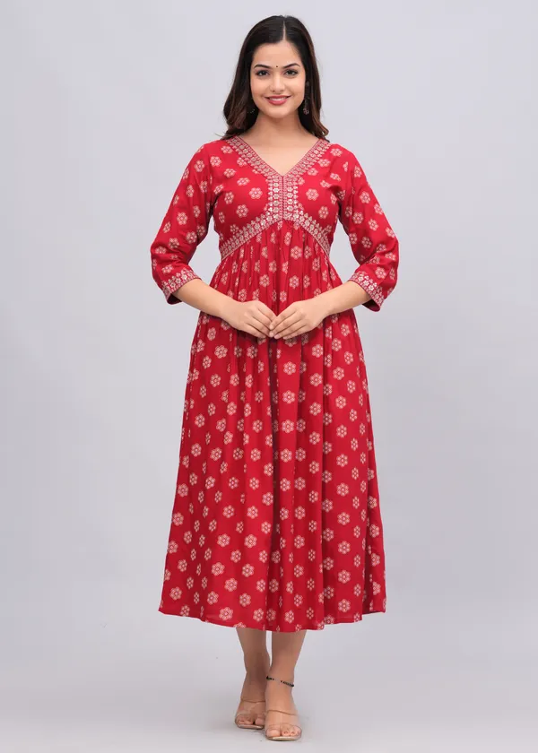 Red_Floral_Printed_V-Neck_Sequinned_Empire_Midi_Ethnic_Dress_For_Women