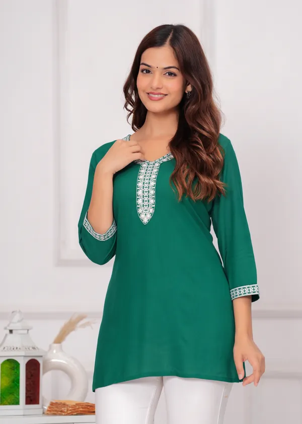 Green_Embroidered_V-Neck_Top_For_Women