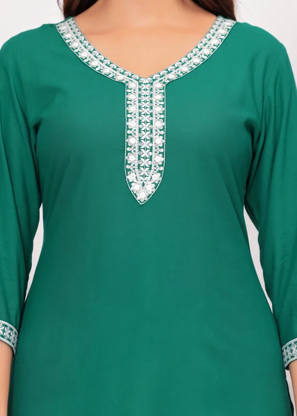 Green_Embroidered_V-Neck_Top_For_Women