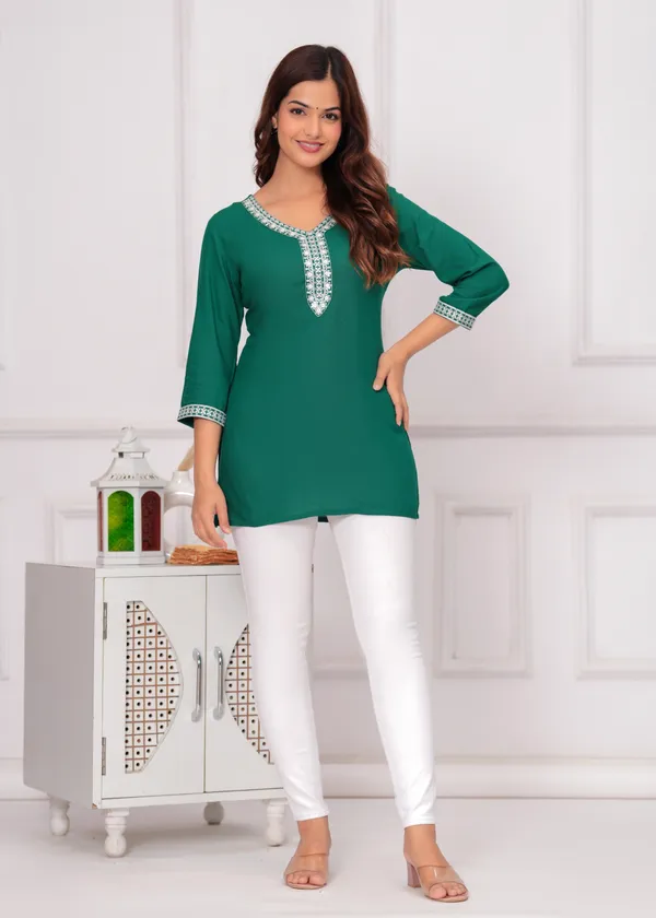 Green_Embroidered_V-Neck_Top_For_Women