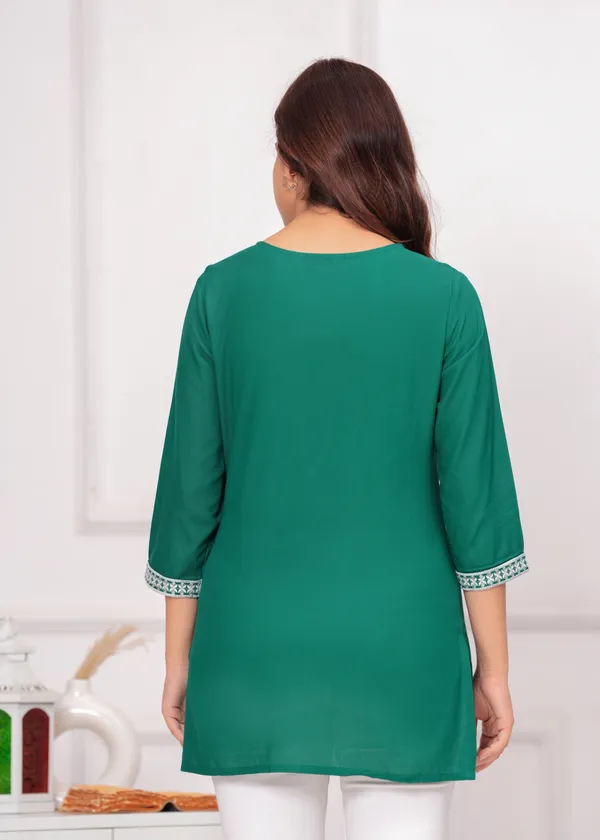 Green_Embroidered_V-Neck_Top_For_Women