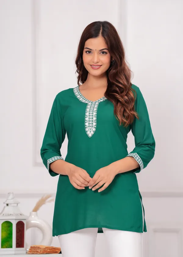 Green_Embroidered_V-Neck_Top_For_Women