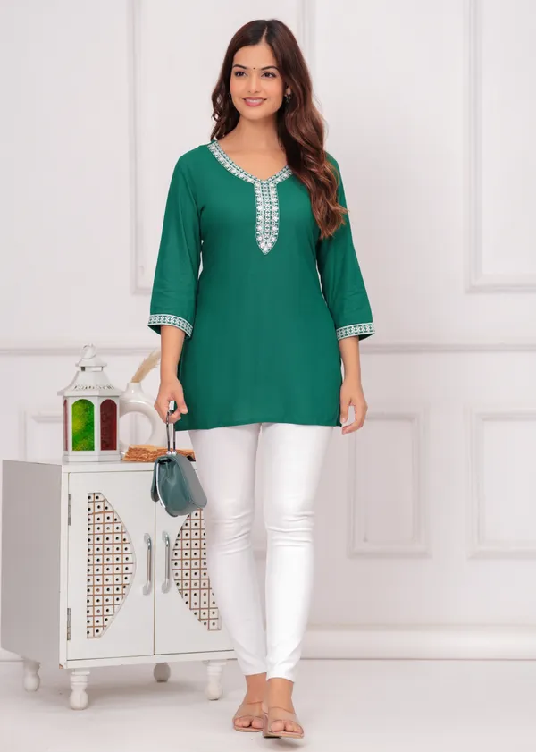 Green_Embroidered_V-Neck_Top_For_Women