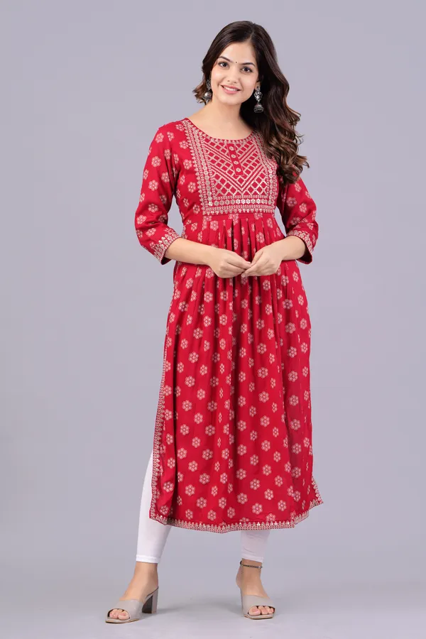 Red_Floral_Yoke_Design_Straight_Kurta_For_Women