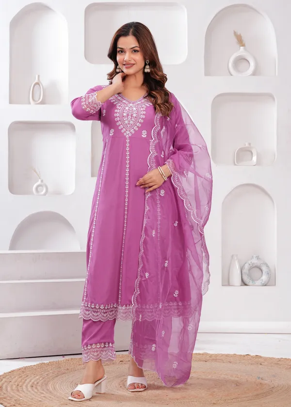Light_Purple_Floral_Embroidered_Thread_Work_Anarkali_Kurta_With_Trouser_&_Dupatta_For_Women