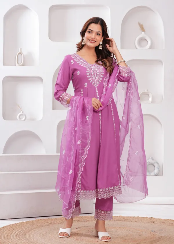 Light_Purple_Floral_Embroidered_Thread_Work_Anarkali_Kurta_With_Trouser_&_Dupatta_For_Women