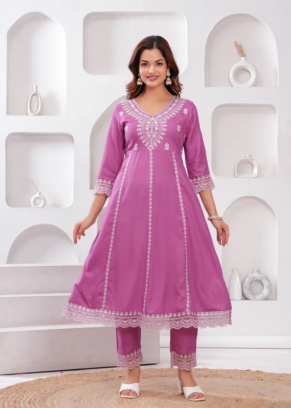 Light_Purple_Floral_Embroidered_Thread_Work_Anarkali_Kurta_With_Trouser_&_Dupatta_For_Women