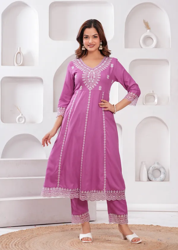 Light_Purple_Floral_Embroidered_Thread_Work_Anarkali_Kurta_With_Trouser_&_Dupatta_For_Women