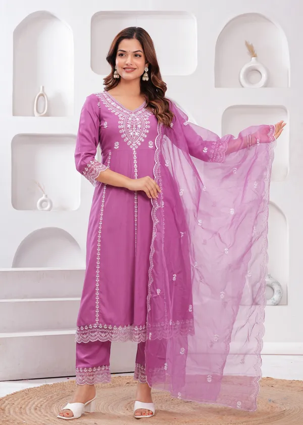 Light_Purple_Floral_Embroidered_Thread_Work_Anarkali_Kurta_With_Trouser_&_Dupatta_For_Women