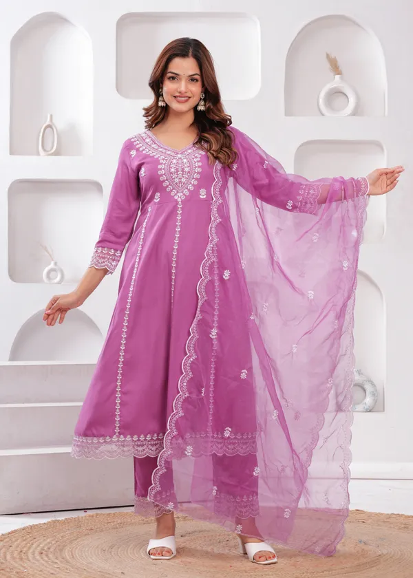 Light_Purple_Floral_Embroidered_Thread_Work_Anarkali_Kurta_With_Trouser_&_Dupatta_For_Women