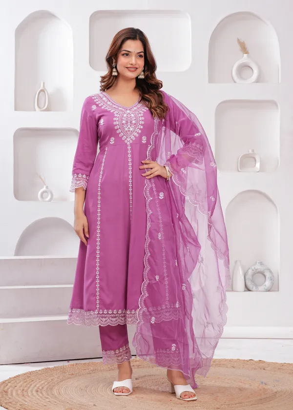 Light_Purple_Floral_Embroidered_Thread_Work_Anarkali_Kurta_With_Trouser_&_Dupatta_For_Women